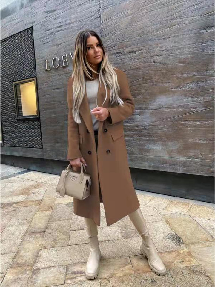 Womens Wool Coat Double-Breasted Longline Oversized Blazer Coat - Khaki