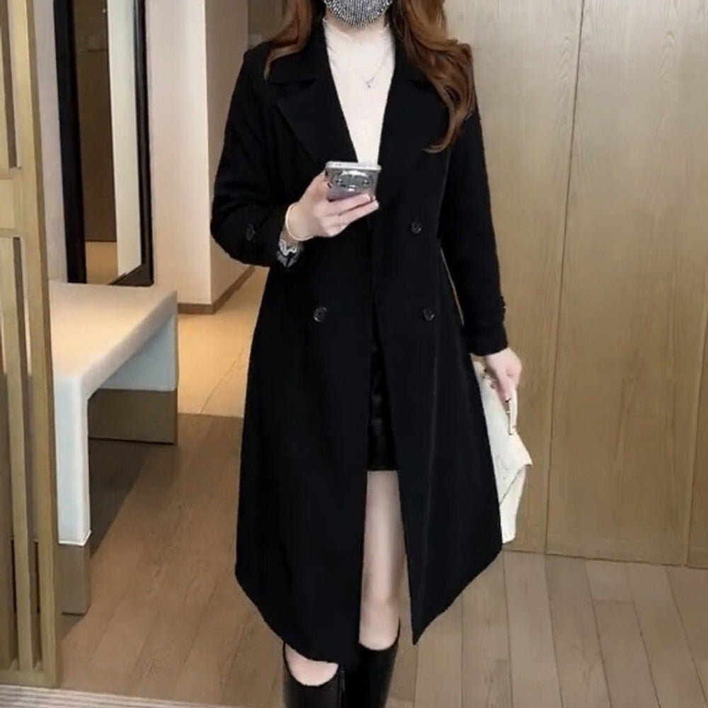Womens Wool Coat Double-Breasted Longline Trench Coat - Black