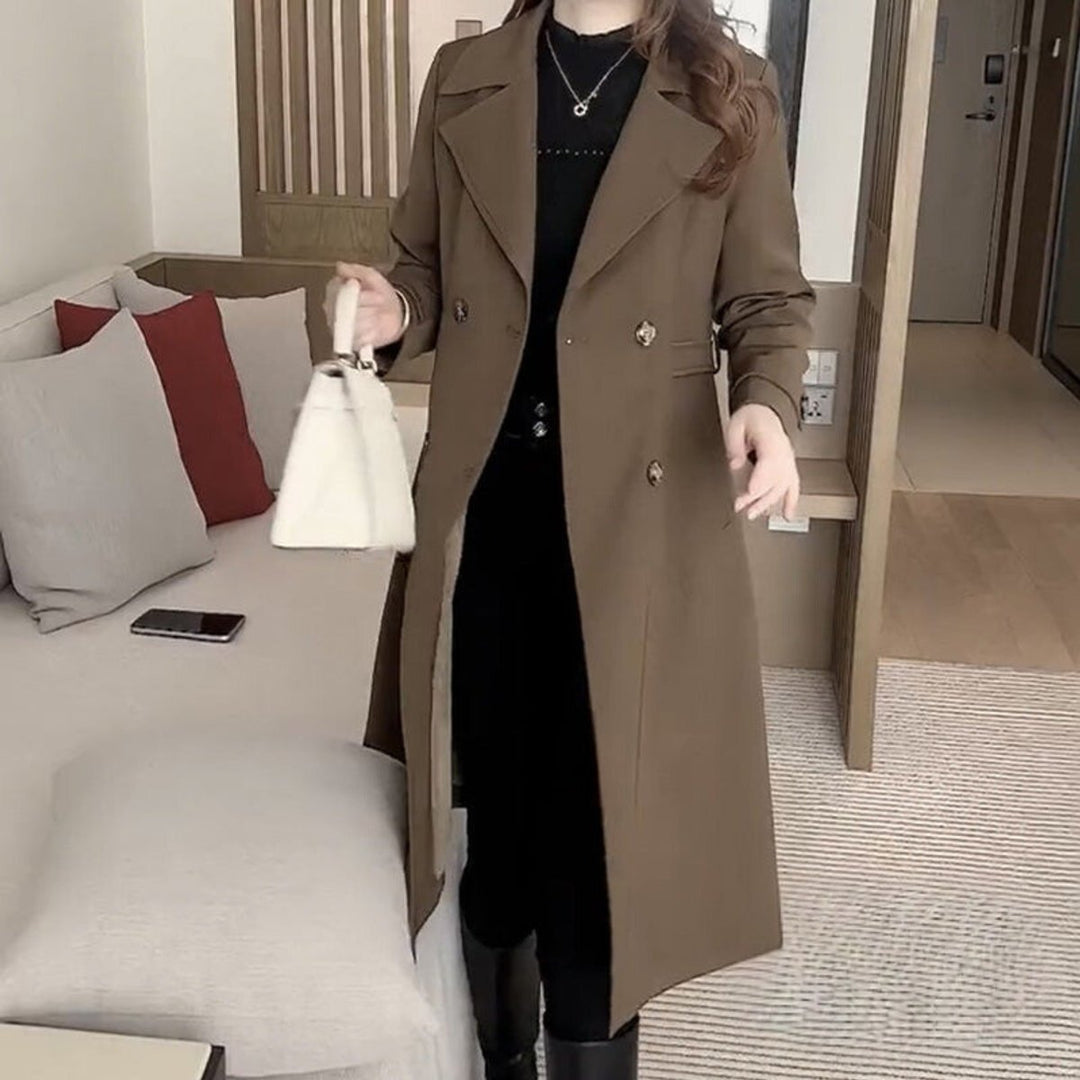 Womens Wool Coat Double-Breasted Longline Trench Coat - Brown