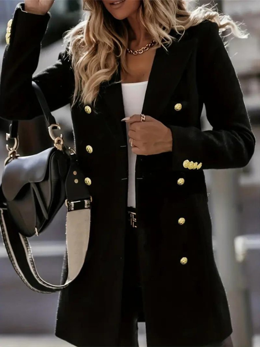 Womens Wool Coat Double-Breasted Longline Winter Blazer Jacket - Black