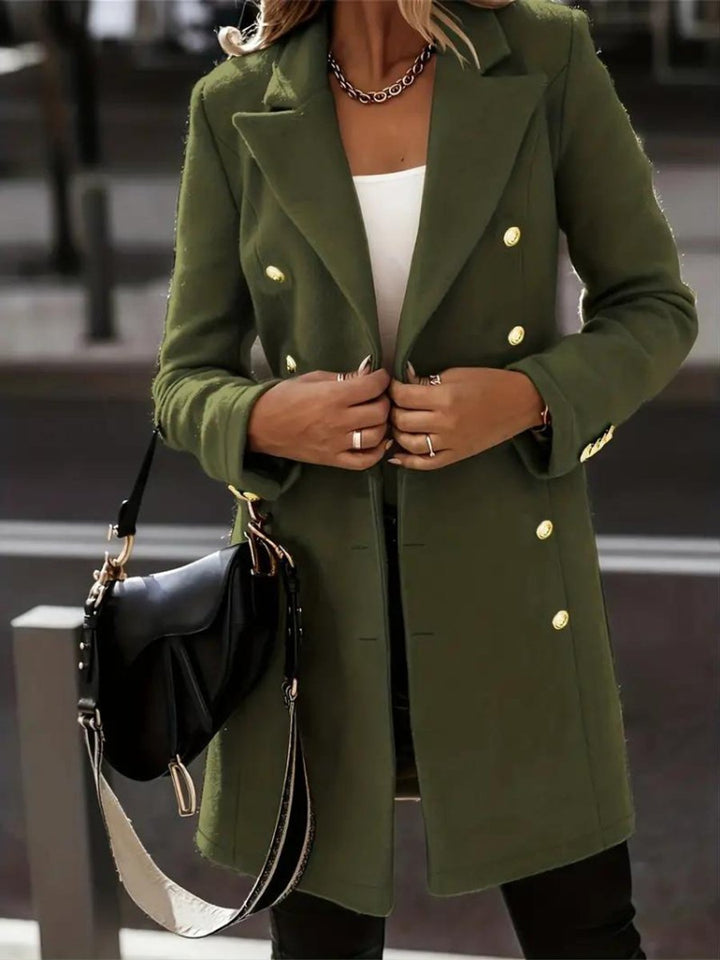 Womens Wool Coat Double-Breasted Longline Winter Blazer Jacket - Army Green