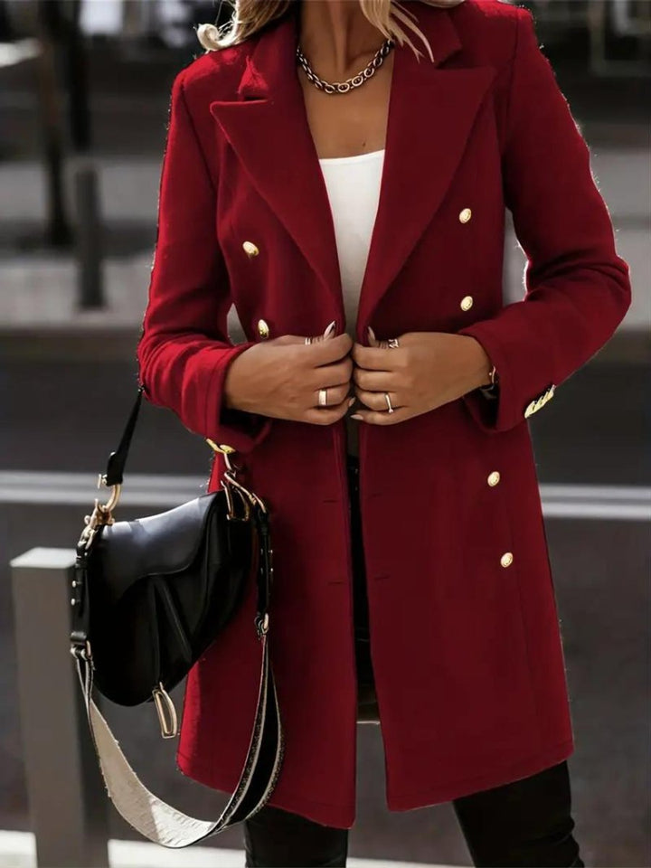 Womens Wool Coat Double-Breasted Longline Winter Blazer Jacket - Burgundy