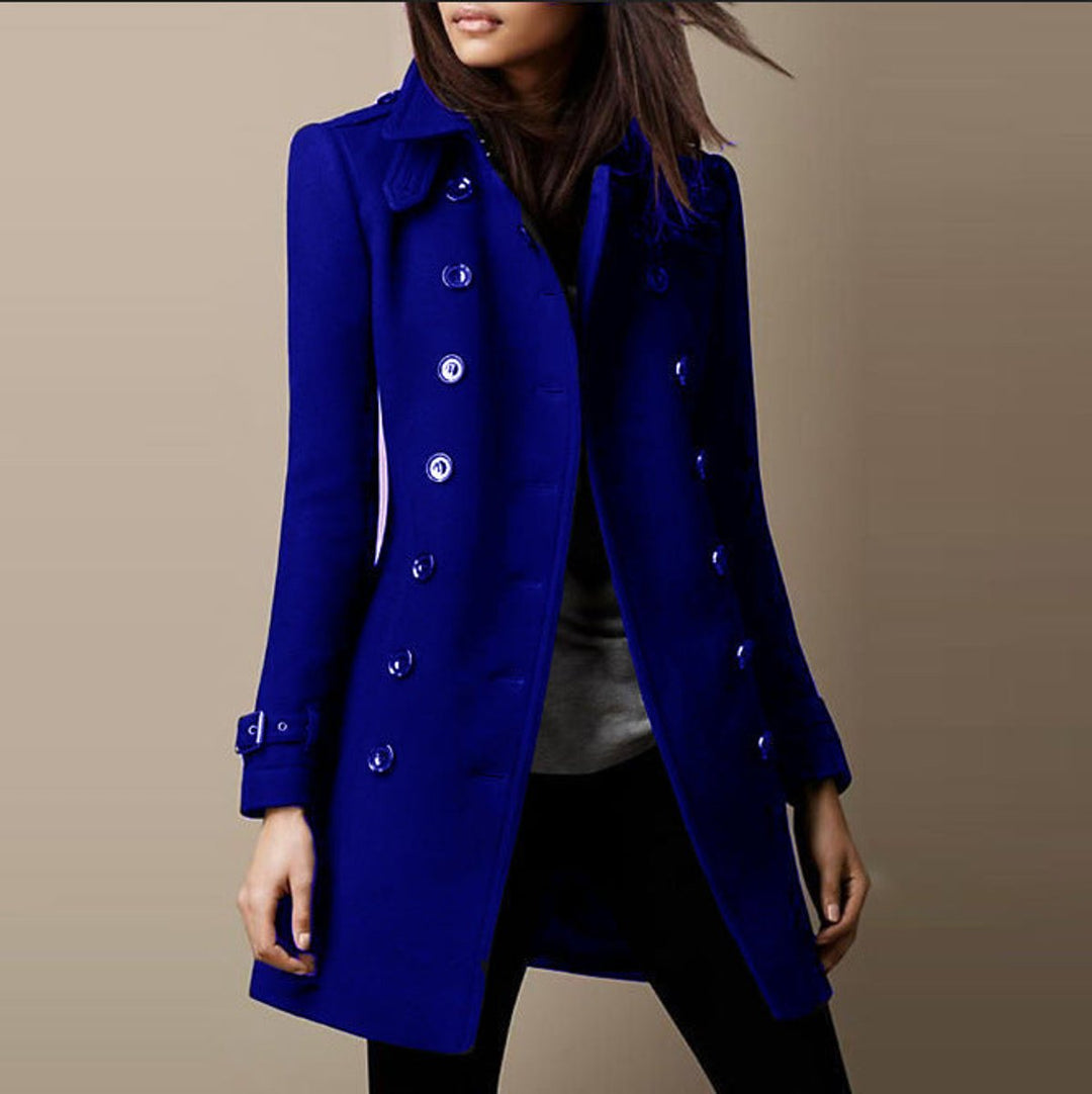 Womens Wool Coat Double-Breasted Slim-Fit Winter Trench - Blue