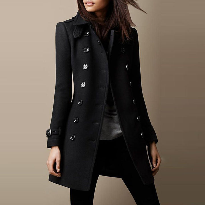 Womens Wool Coat Double-Breasted Slim-Fit Winter Trench - Black