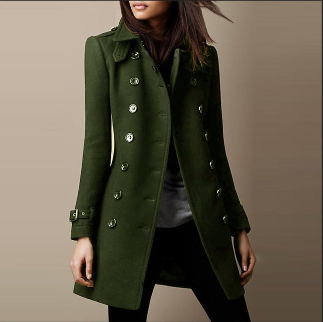 Womens Wool Coat Double-Breasted Slim-Fit Winter Trench - Green