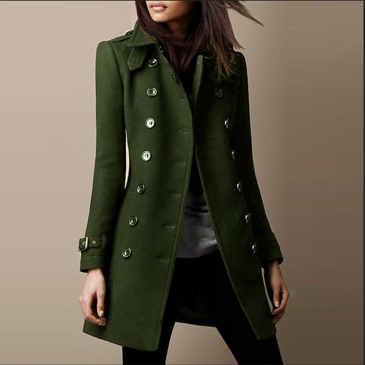 Womens Wool Coat Double-Breasted Slim-Fit Winter Trench - Green