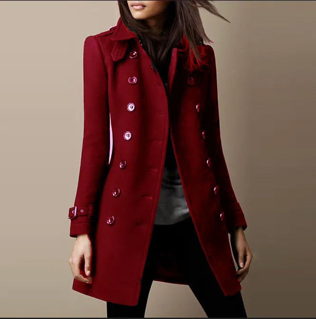 Womens Wool Coat Double-Breasted Slim-Fit Winter Trench - Red