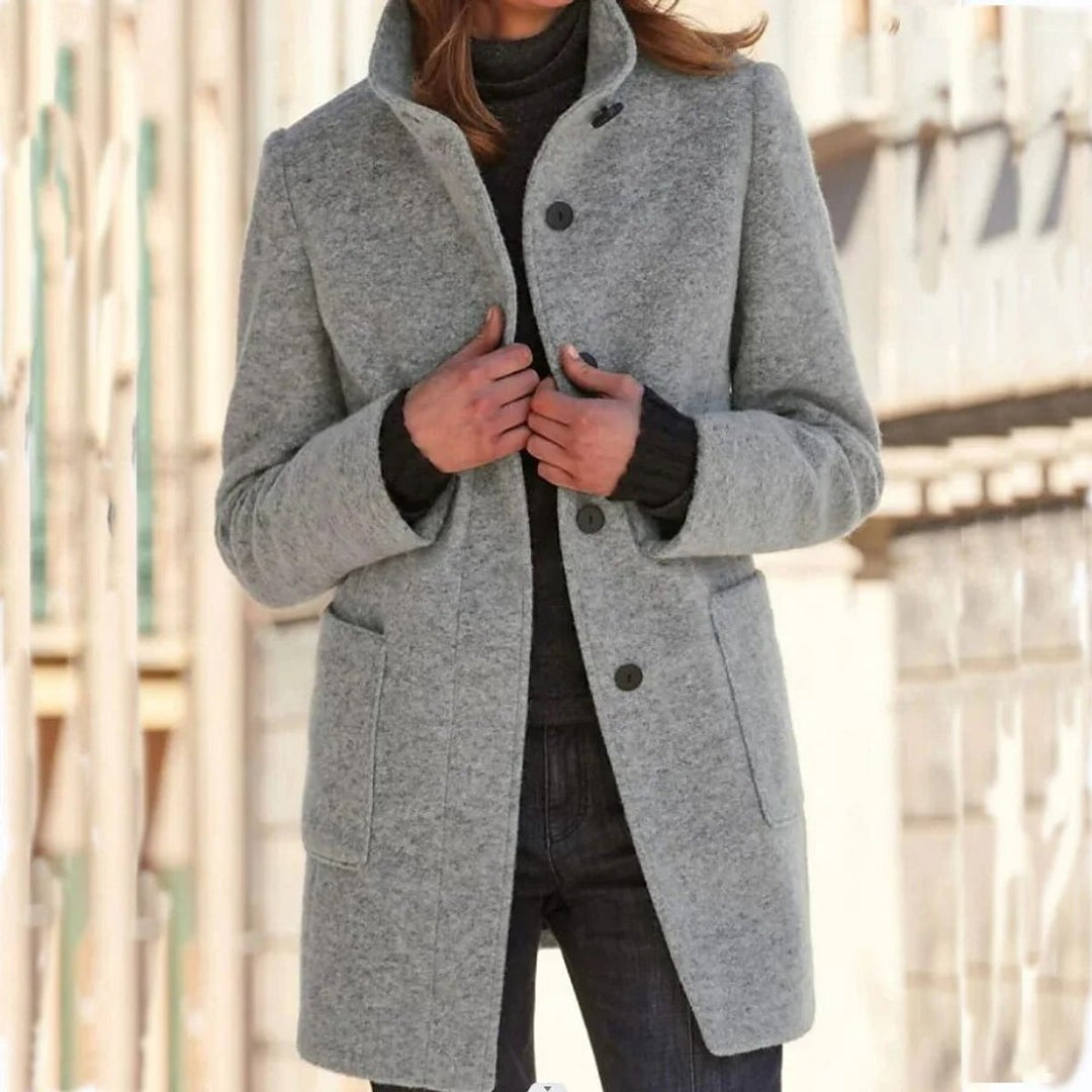 Womens Wool Coat Elegant Button-Up Stand-Collar Longline - Grey