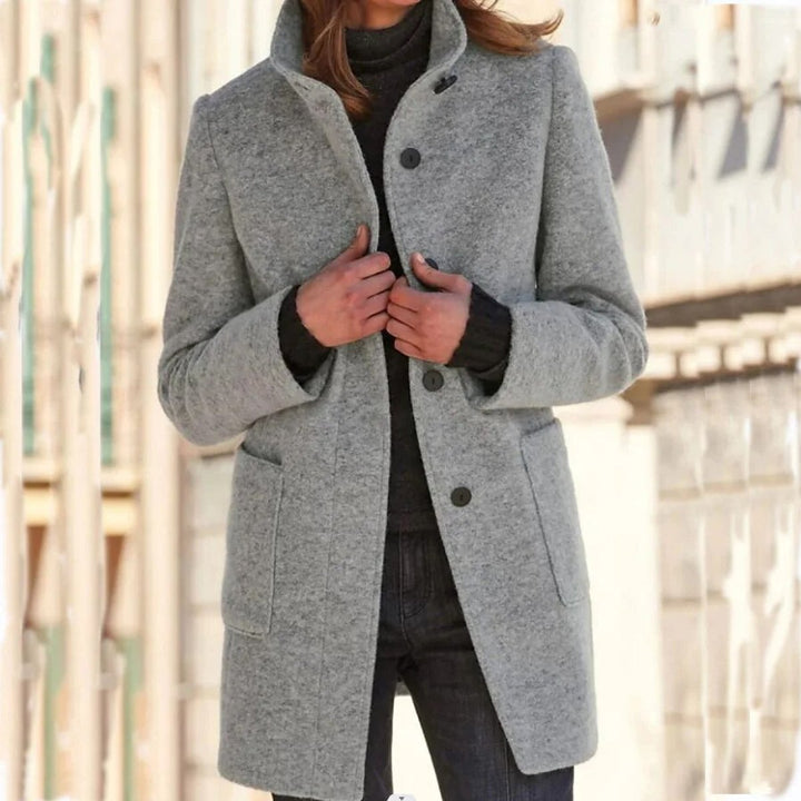 Womens Wool Coat Elegant Button-Up Stand-Collar Longline - Grey