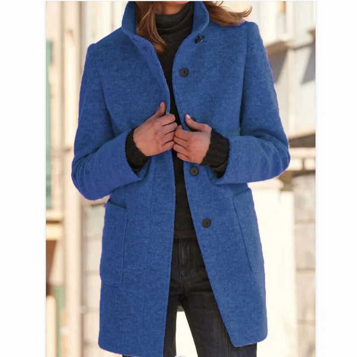 Womens Wool Coat Elegant Button-Up Stand-Collar Longline - Dark Navy