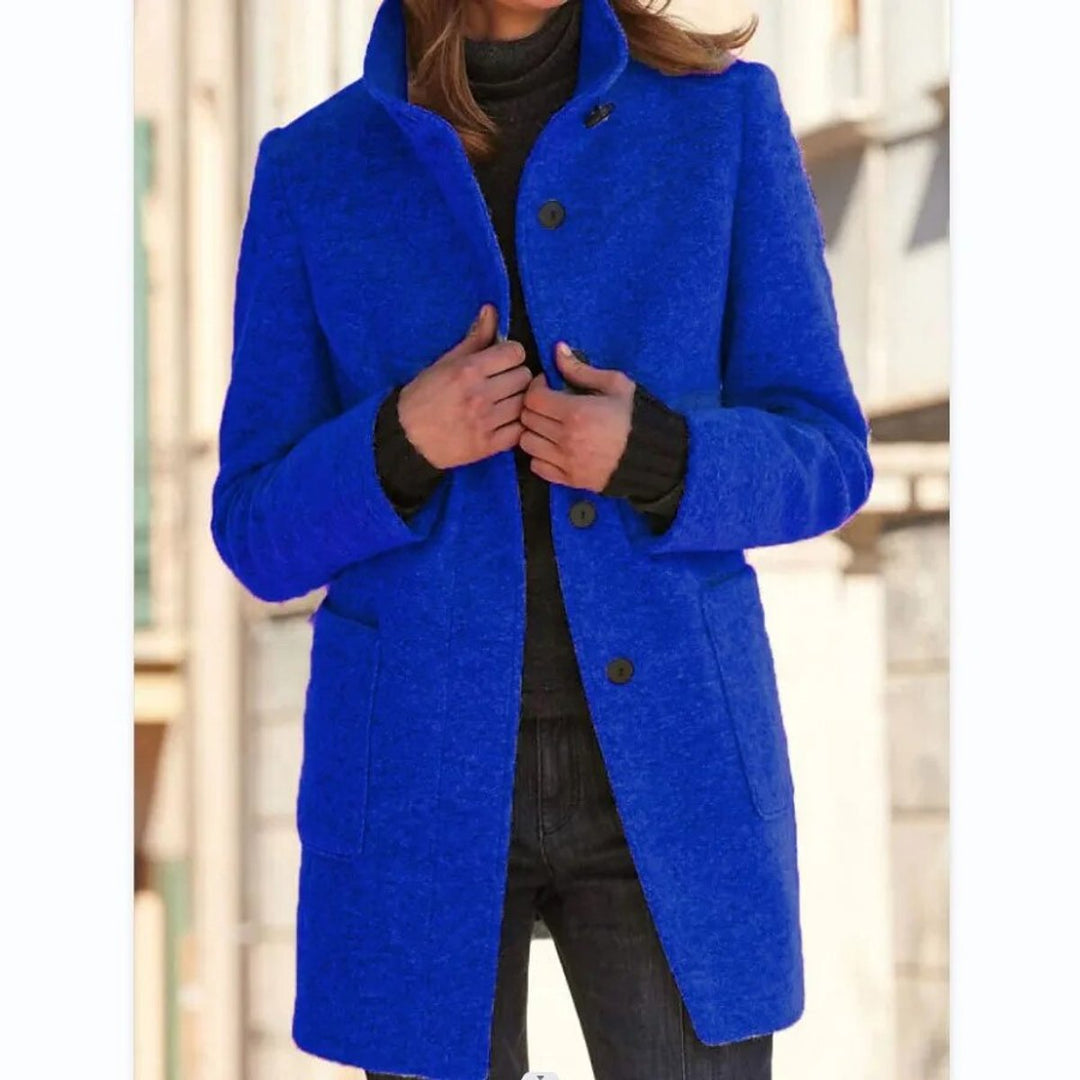 Womens Wool Coat Elegant Button-Up Stand-Collar Longline - Blue
