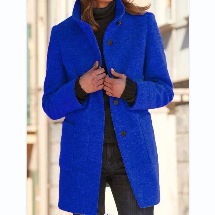 Womens Wool Coat Elegant Button-Up Stand-Collar Longline - Blue