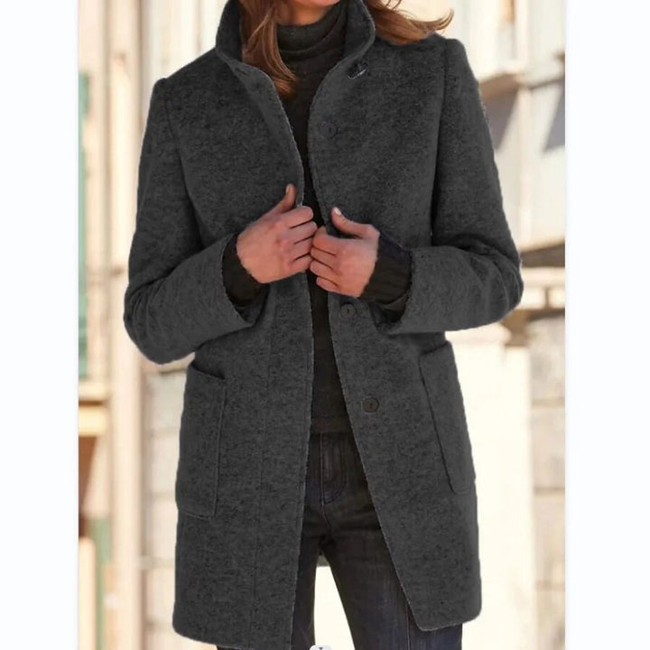 Womens Wool Coat Elegant Button-Up Stand-Collar Longline - Dark Grey