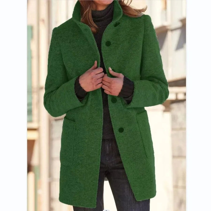 Womens Wool Coat Elegant Button-Up Stand-Collar Longline - Green
