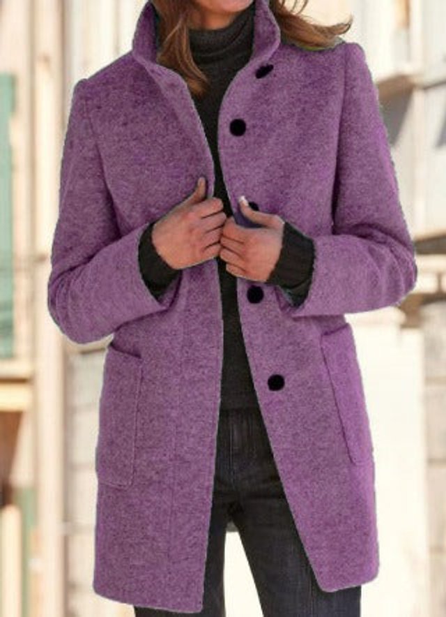Womens Wool Coat Elegant Button-Up Stand-Collar Longline - Purple