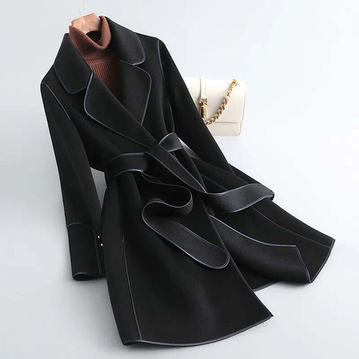Womens Wool Coat Long Belted Winter Wrap Outerwear - Black