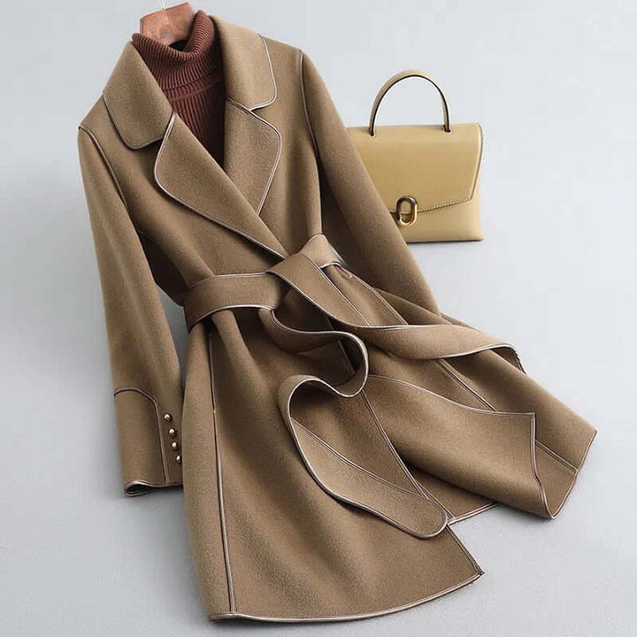 Womens Wool Coat Long Belted Winter Wrap Outerwear - Khaki