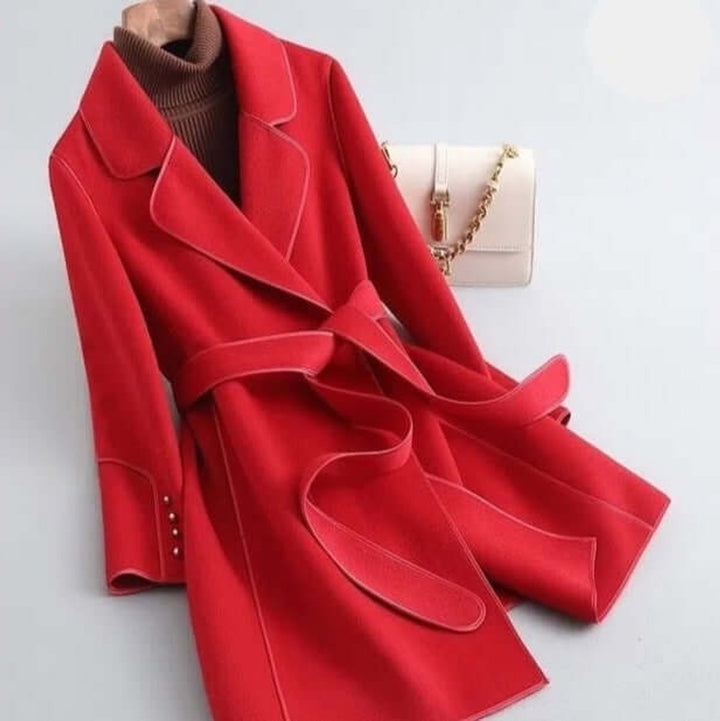 Womens Wool Coat Long Belted Winter Wrap Outerwear - Red