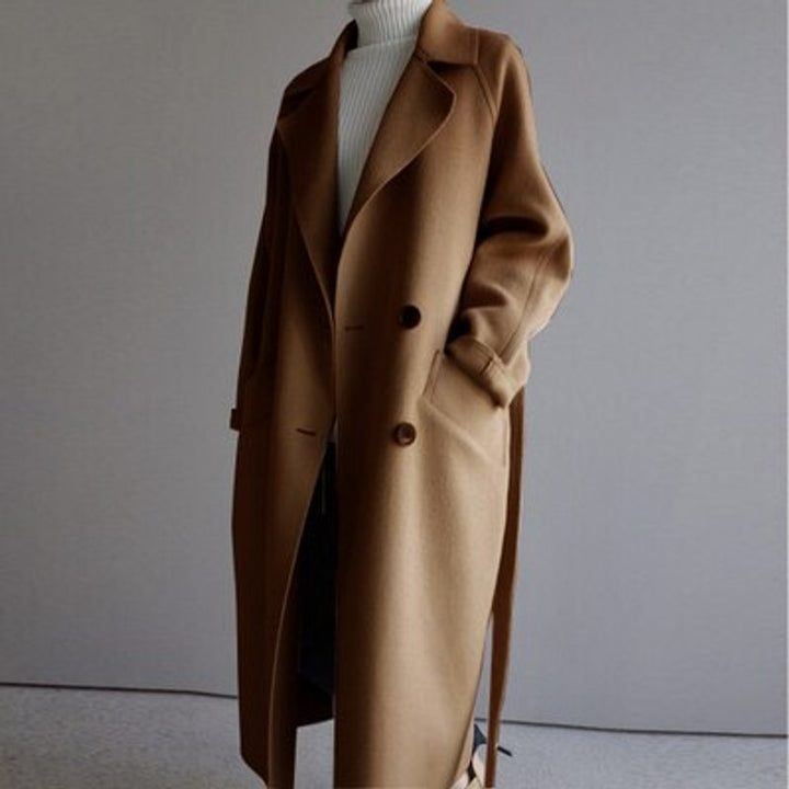 Womens Wool Coat Long Belted Wrap Oversized Winter Overcoat - Brown