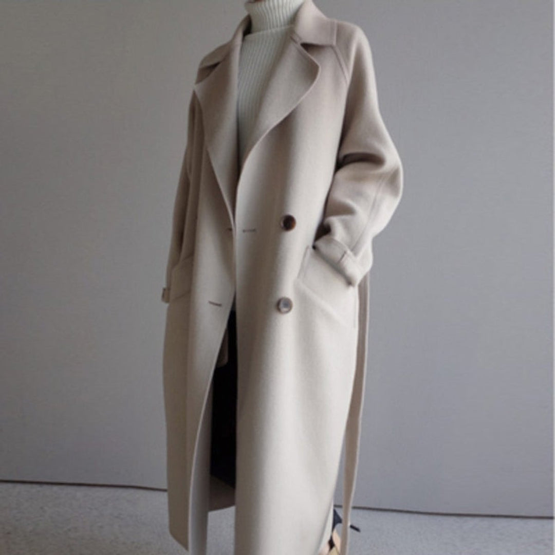Womens Wool Coat Long Belted Wrap Oversized Winter Overcoat - Beige