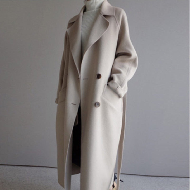 Womens Wool Coat Long Belted Wrap Oversized Winter Overcoat - Beige