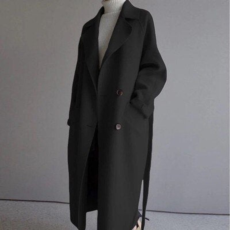 Womens Wool Coat Long Belted Wrap Oversized Winter Overcoat - Black