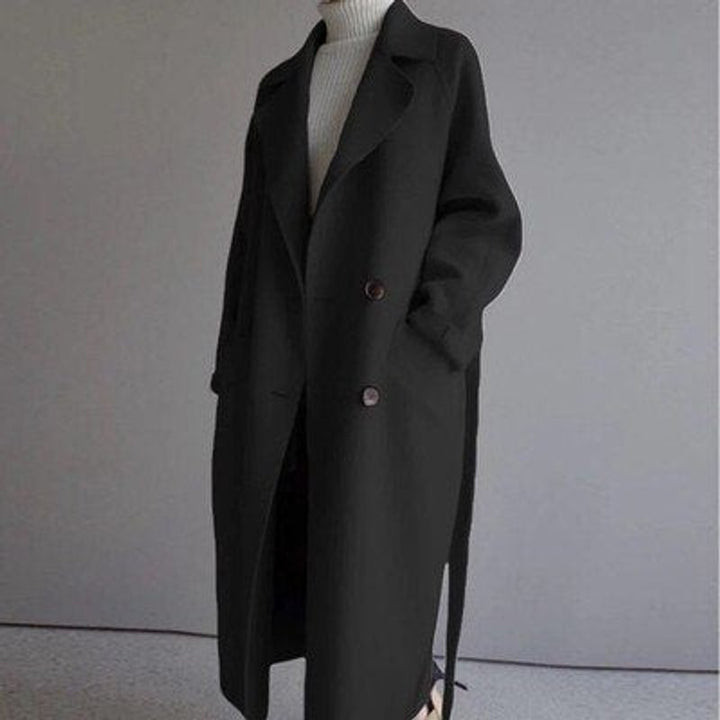 Womens Wool Coat Long Belted Wrap Oversized Winter Overcoat - Black
