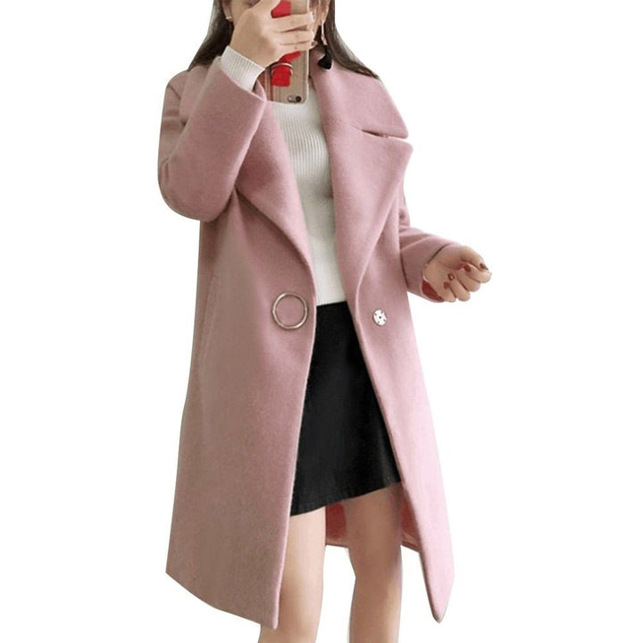 Womens Wool Coat Long Lapel Single-Button Midi Overcoat - Pink