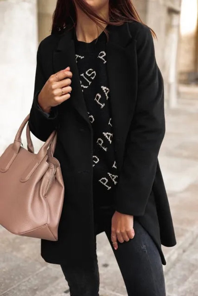 Womens Wool Coat Long Sleeve Suit Collar Double Breasted - Black
