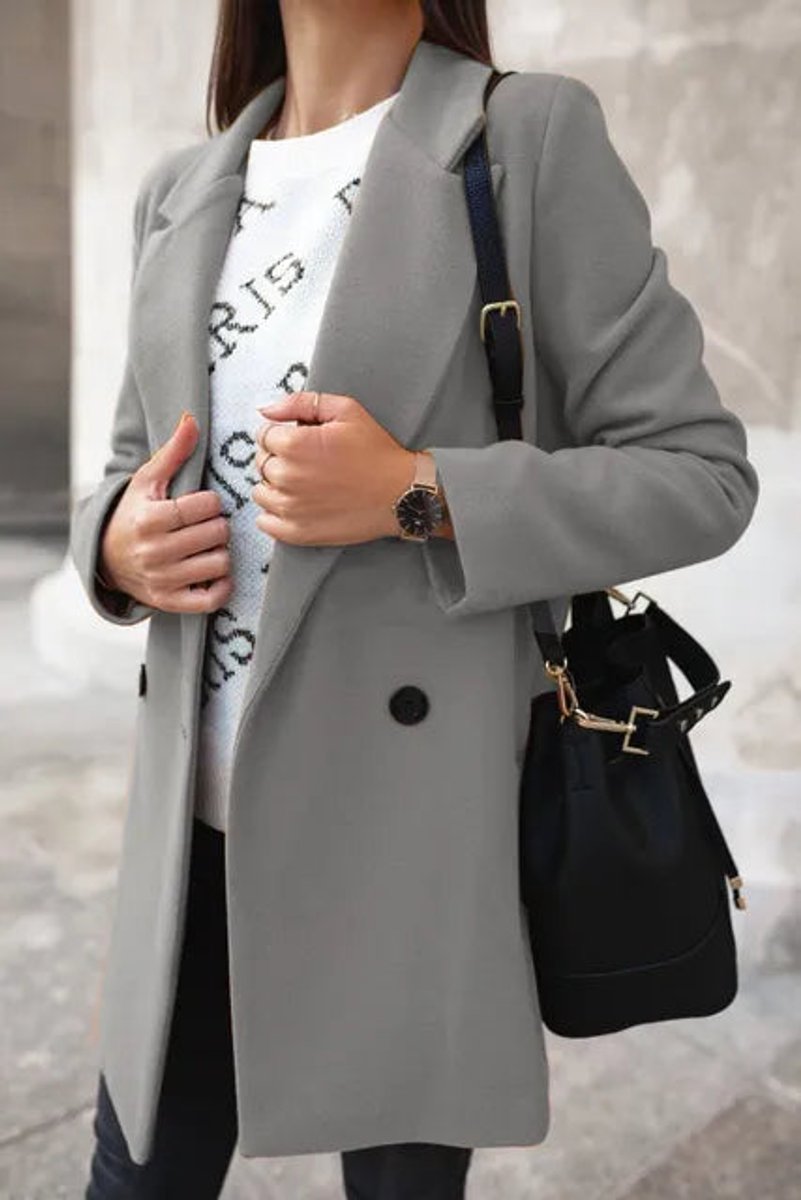 Womens Wool Coat Long Sleeve Suit Collar Double Breasted - Grey
