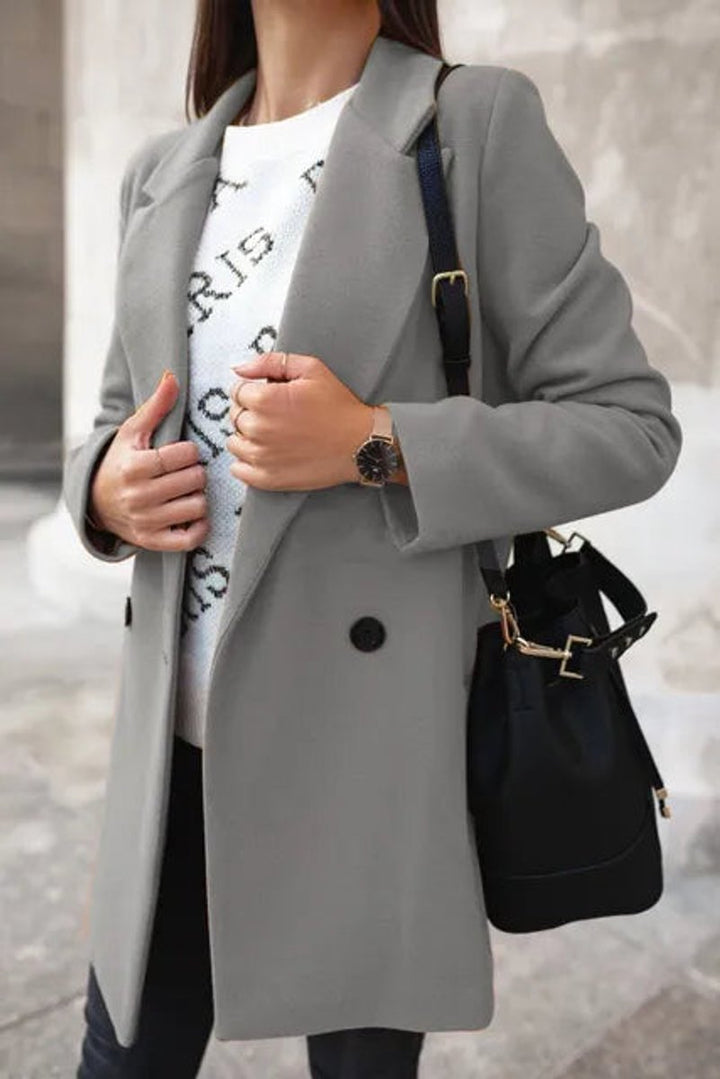 Womens Wool Coat Long Sleeve Suit Collar Double Breasted - Grey