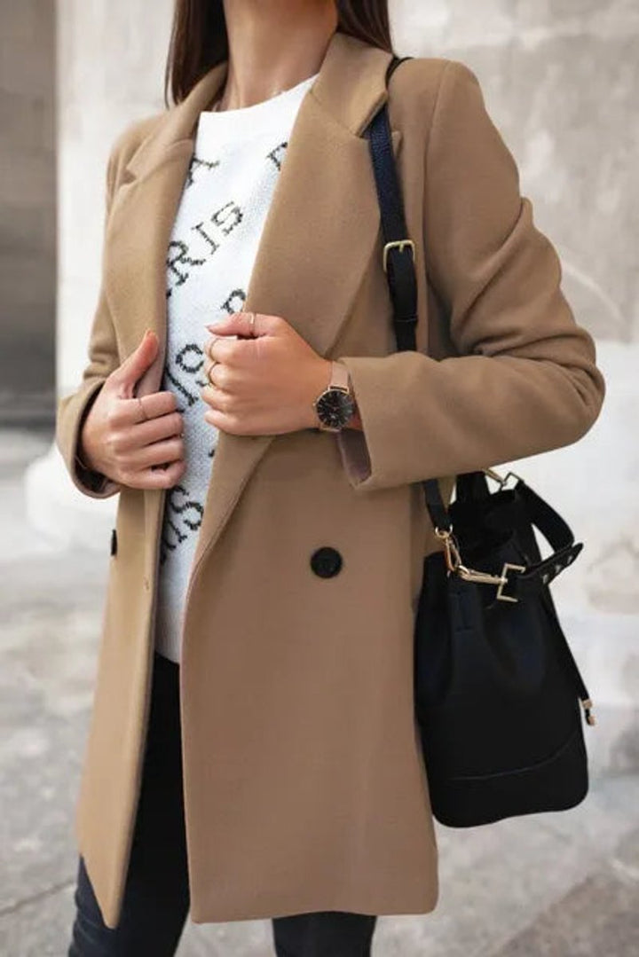 Womens Wool Coat Long Sleeve Suit Collar Double Breasted - Khaki