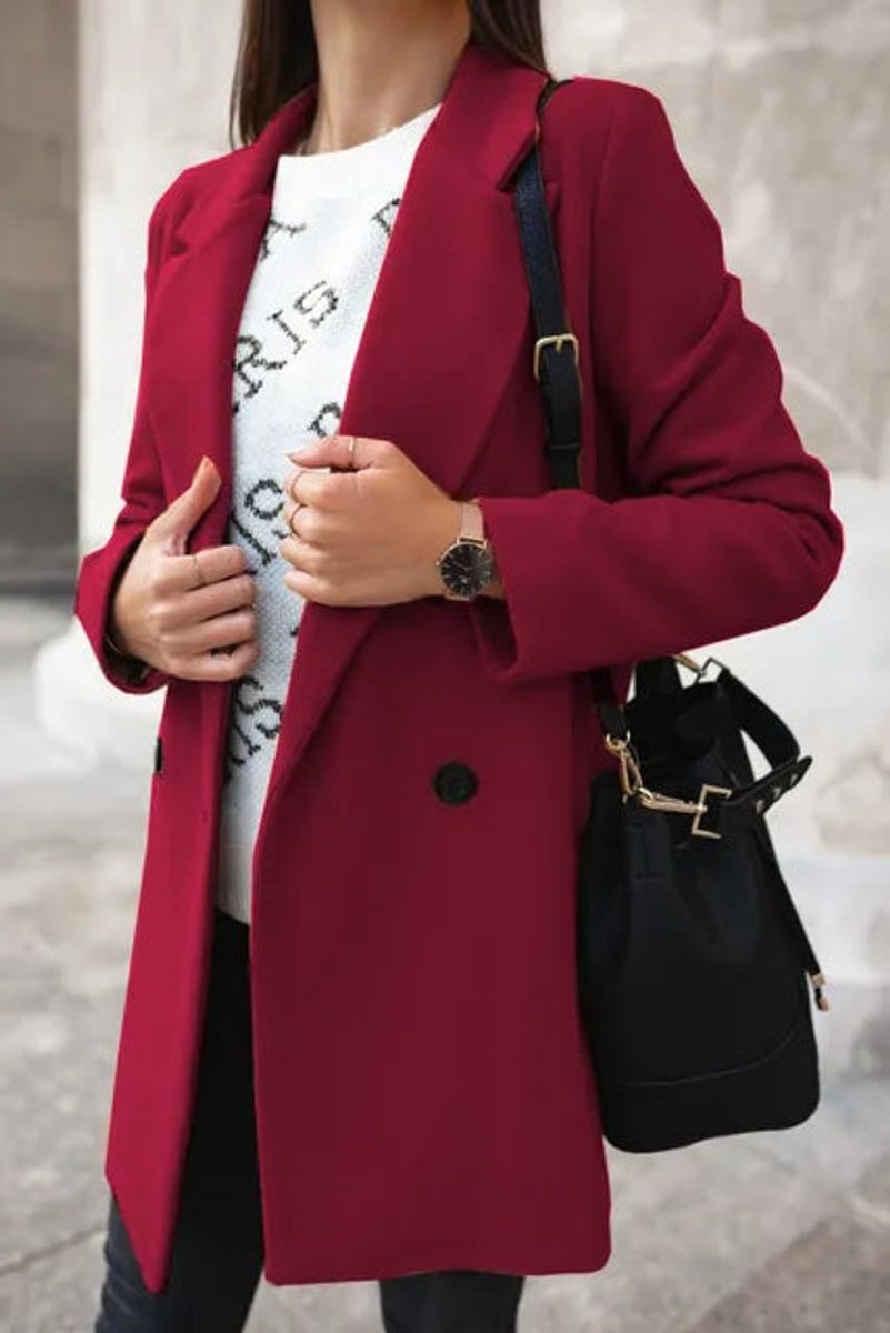 Womens Wool Coat Long Sleeve Suit Collar Double Breasted - Burgundy