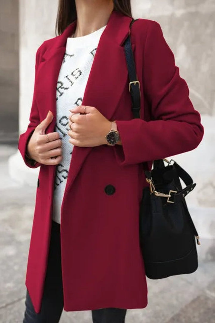 Womens Wool Coat Long Sleeve Suit Collar Double Breasted - Burgundy