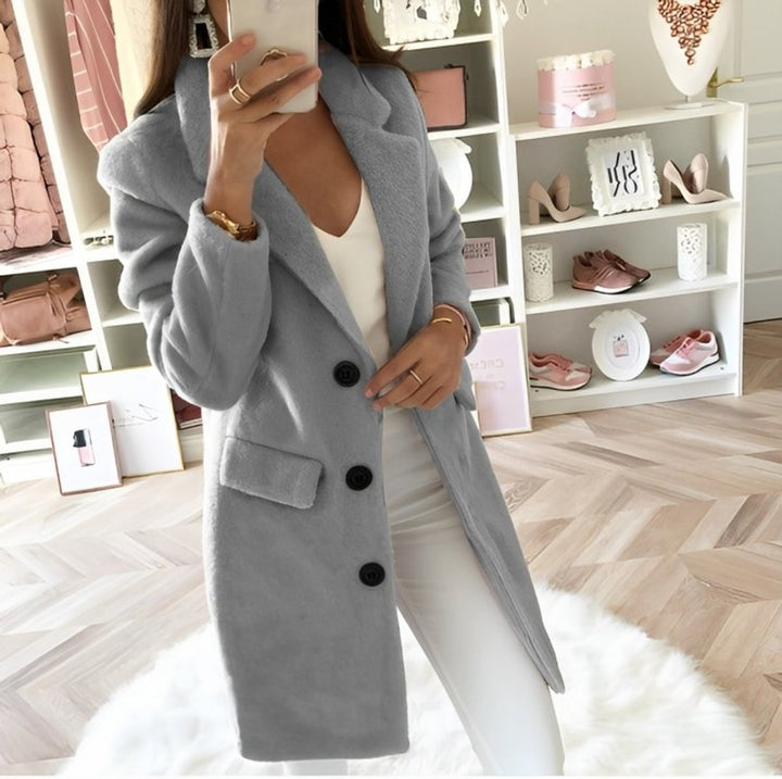 Womens Wool Coat Longline Button-Up V-Neck Autumn Winter Overcoat - Grey