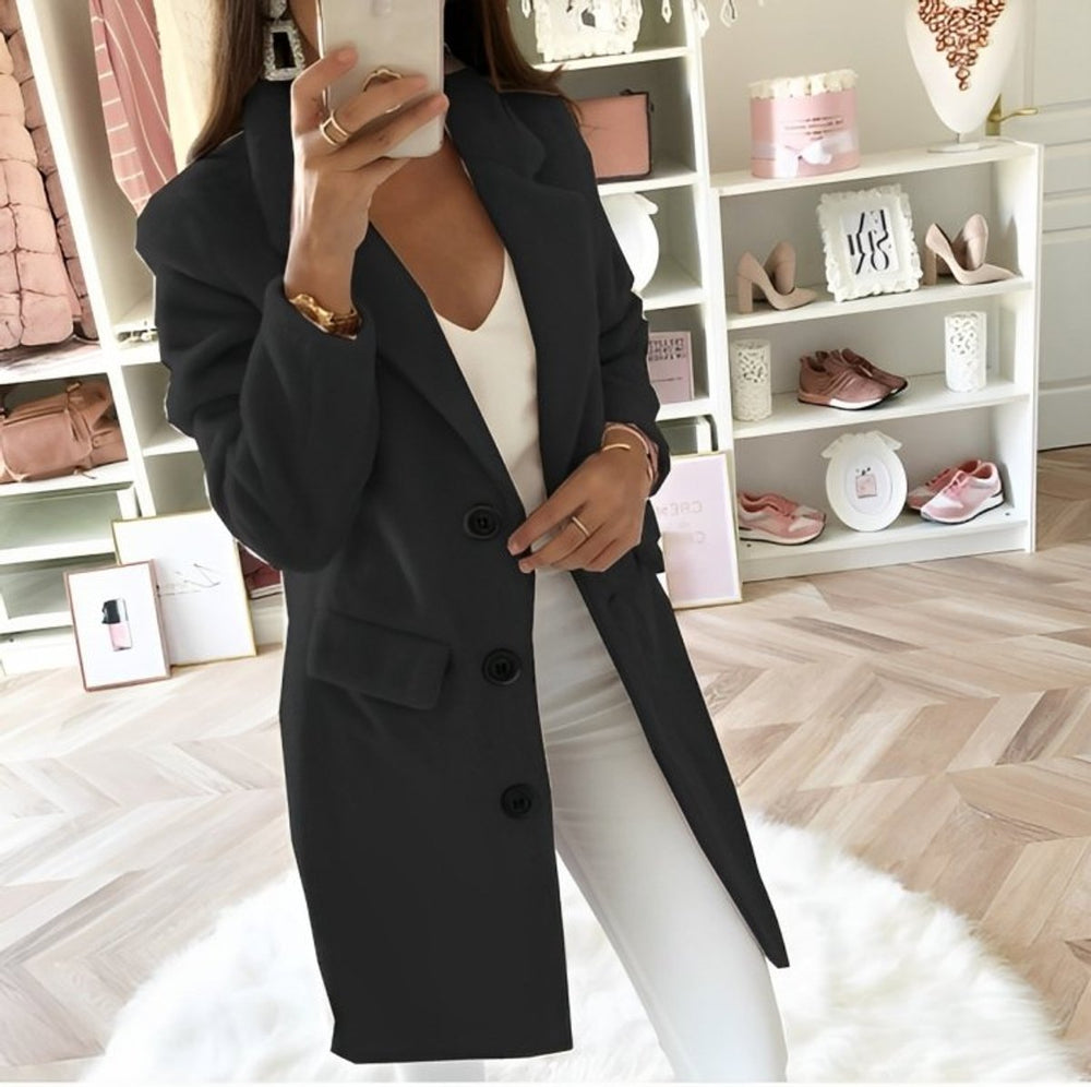 Womens Wool Coat Longline Button-Up V-Neck Autumn Winter Overcoat - Black