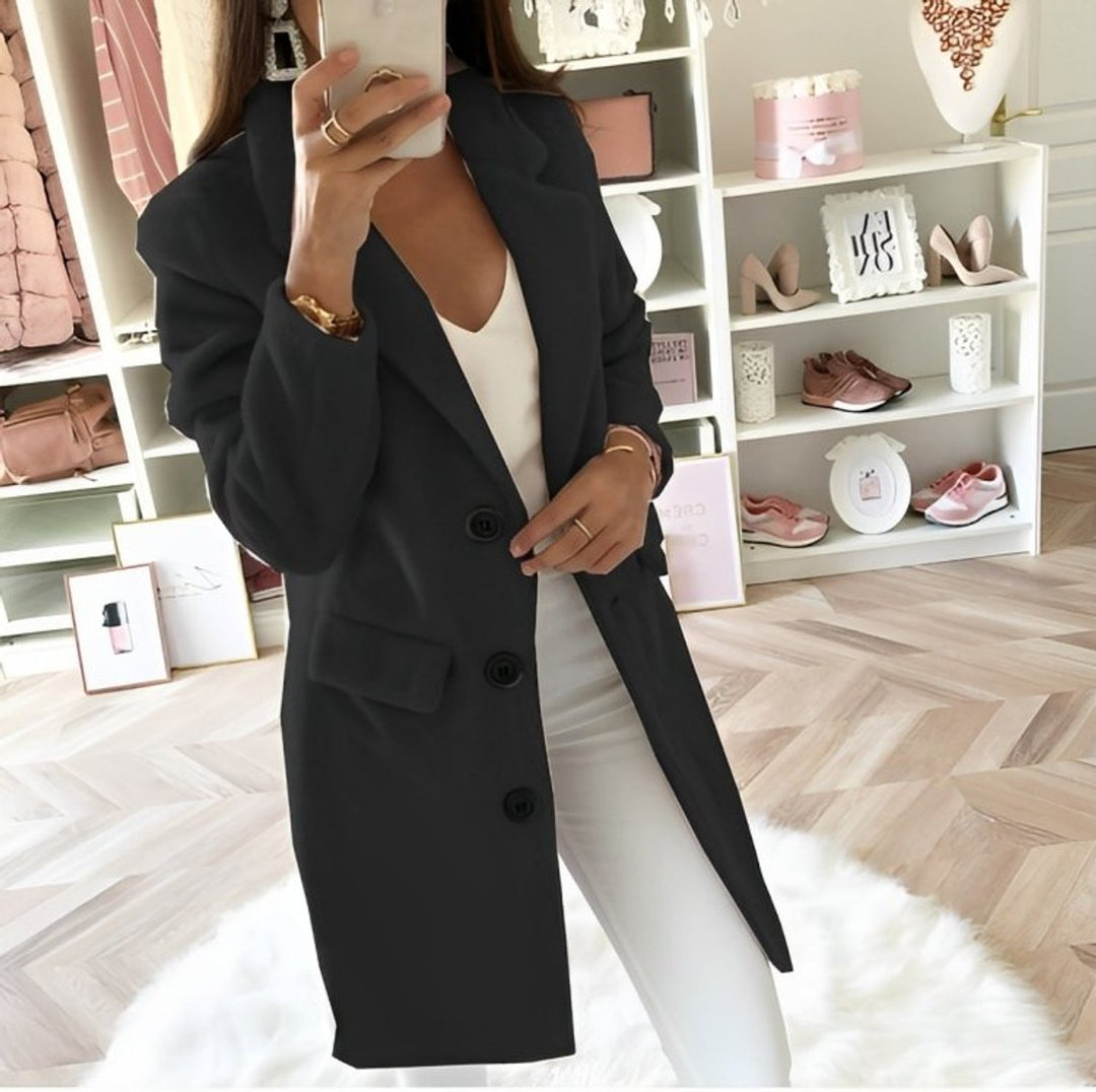 Womens Wool Coat Longline Button-Up V-Neck Autumn Winter Overcoat - Black