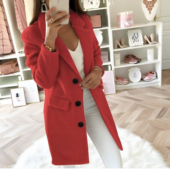 Womens Wool Coat Longline Button-Up V-Neck Autumn Winter Overcoat - Red