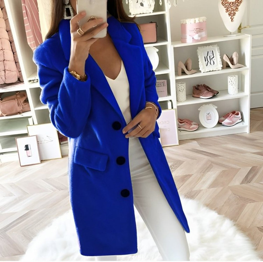 Womens Wool Coat Longline Button-Up V-Neck Autumn Winter Overcoat - Blue