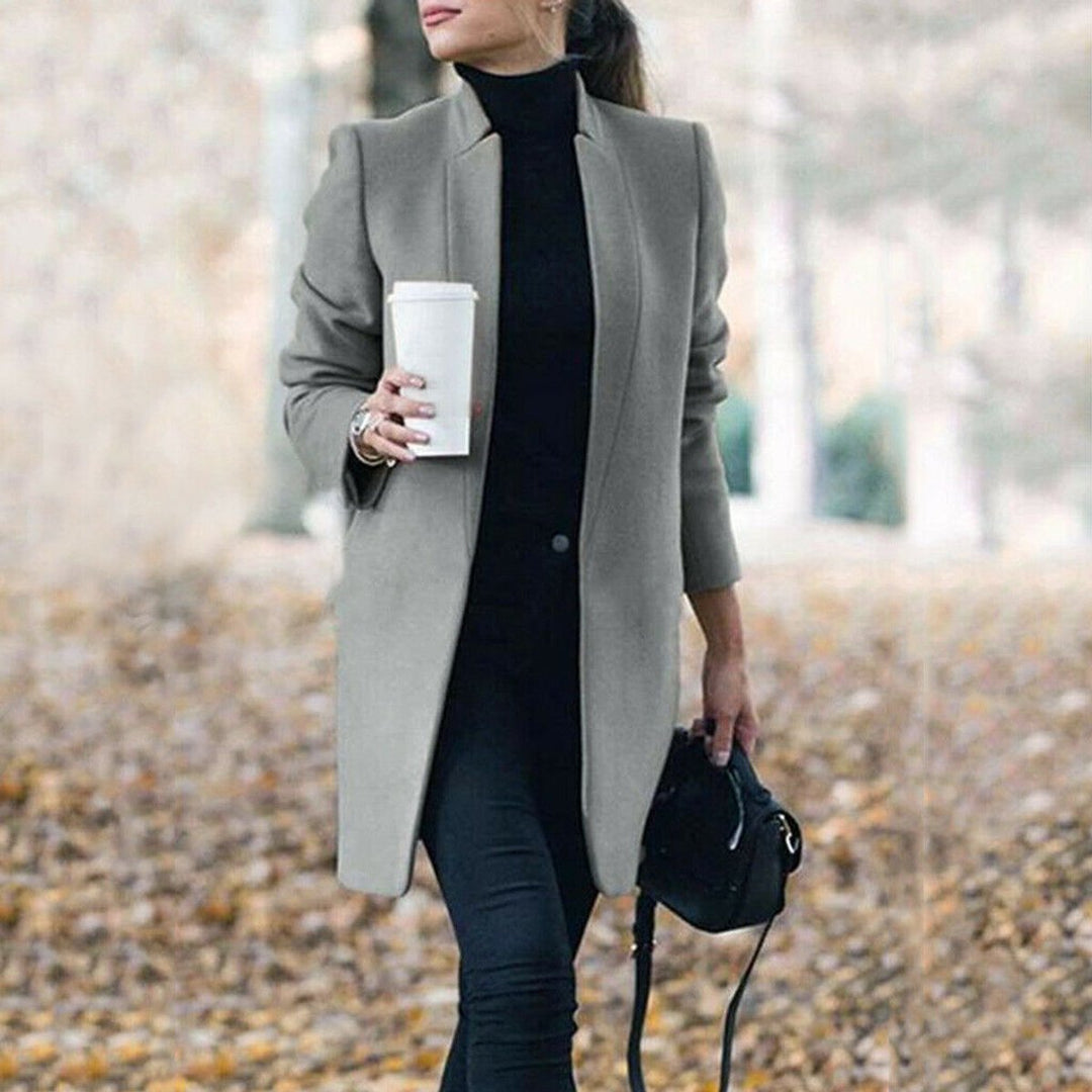 Womens Wool Coat Open Front Long Line Blazer Jacket - Grey