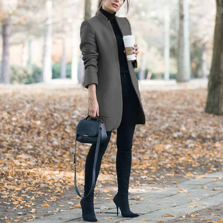 Womens Wool Coat Open Front Long Line Blazer Jacket - Dark Grey