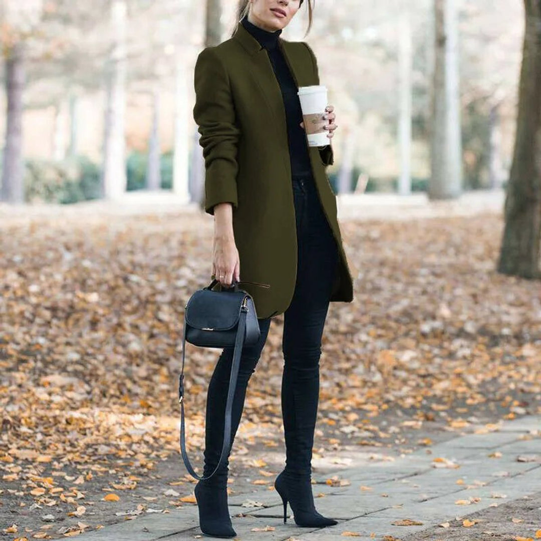 Womens Wool Coat Open Front Long Line Blazer Jacket - Army Green