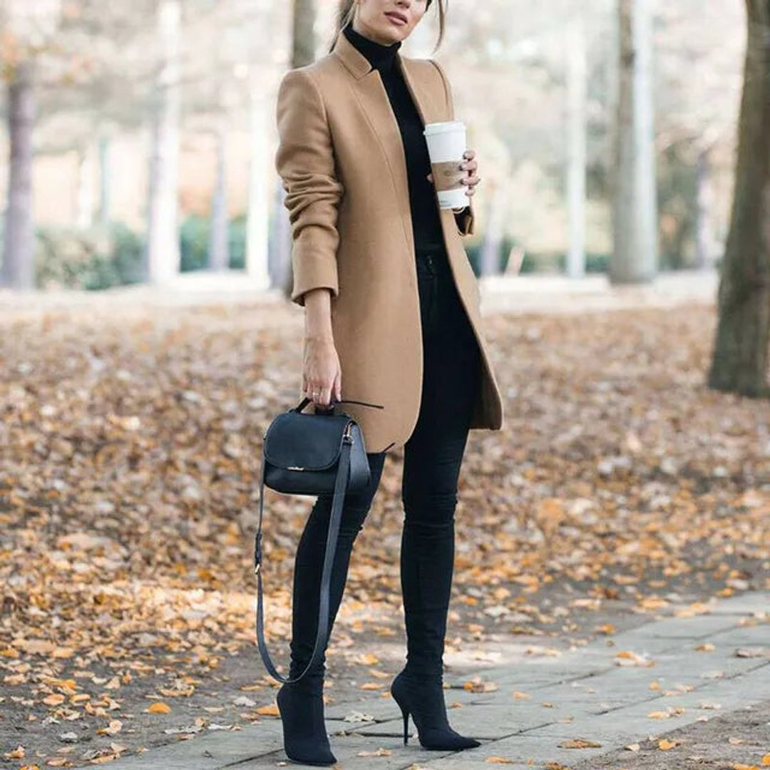 Womens Wool Coat Open Front Long Line Blazer Jacket - Khaki
