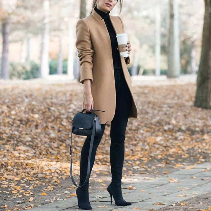 Womens Wool Coat Open Front Long Line Blazer Jacket - Khaki