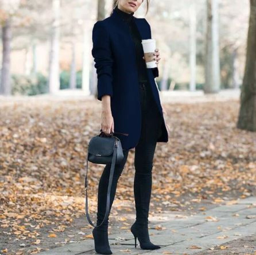 Womens Wool Coat Open Front Long Line Blazer Jacket - Navy Blue