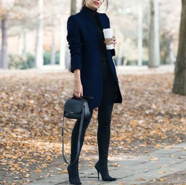 Womens Wool Coat Open Front Long Line Blazer Jacket - Navy Blue