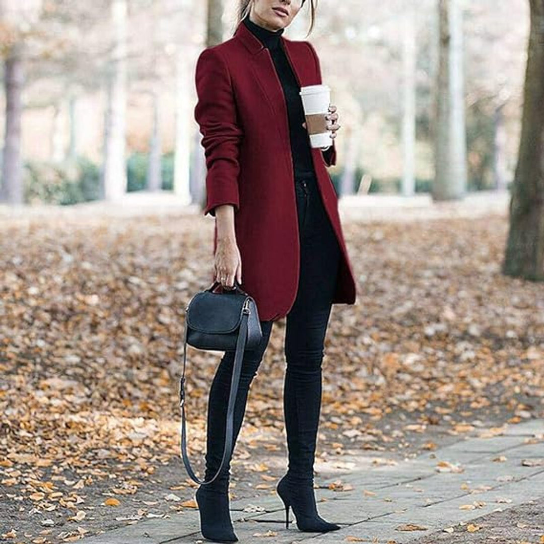 Womens Wool Coat Open Front Long Line Blazer Jacket - Burgundy