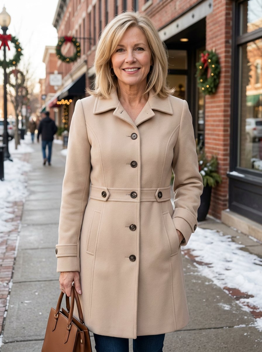 Womens Wool Coat Single-Breasted Belted A-Line Midi Overcoat