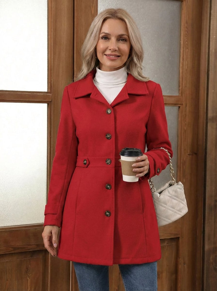 Womens Wool Coat Single-Breasted Belted A-Line Midi Overcoat - Red