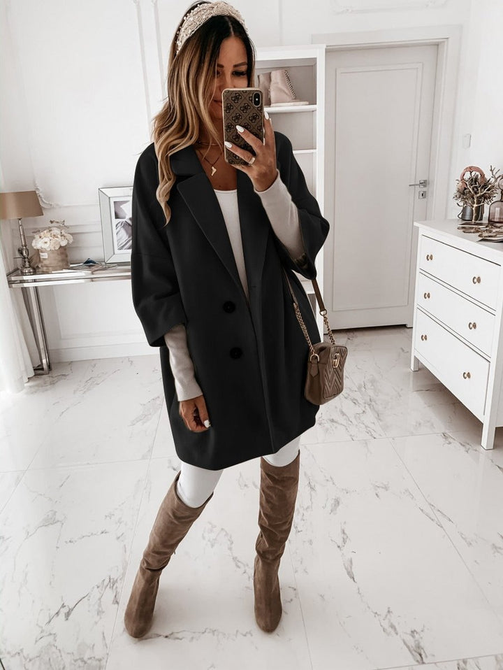 Womens Wool Oversized Three-Quarter Sleeve Button Coat - Black